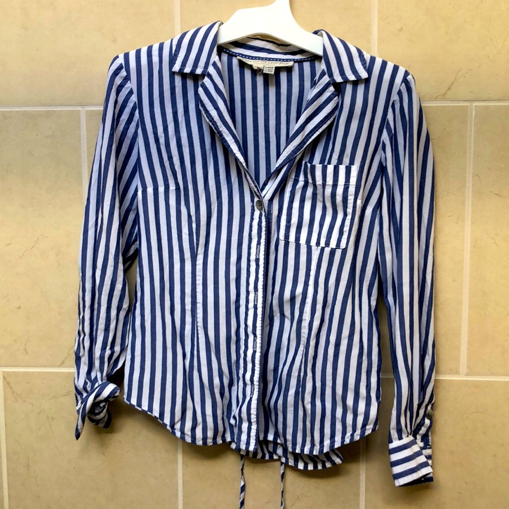 Anthropologie Coastal Grandma Striped Button up Tie Back Shirt Sz 00P